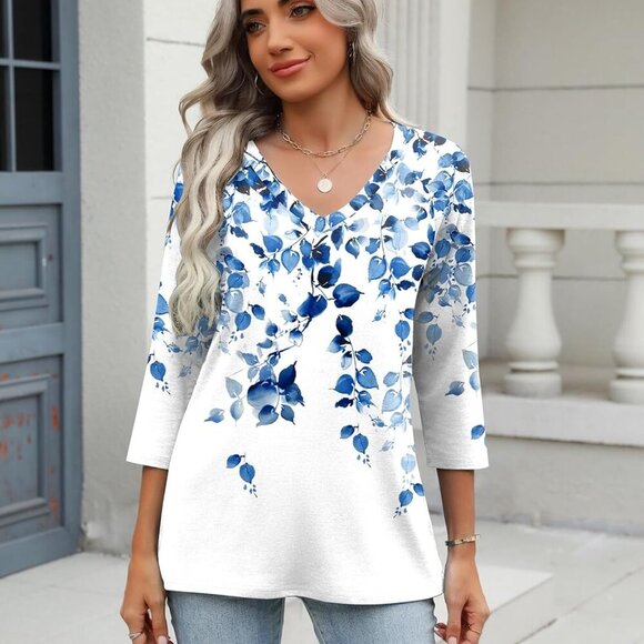 Women's Casual V Neck 3/4 Sleeve Soft Basic Tee Blouse for Work and Casual - Picture 3 of 5